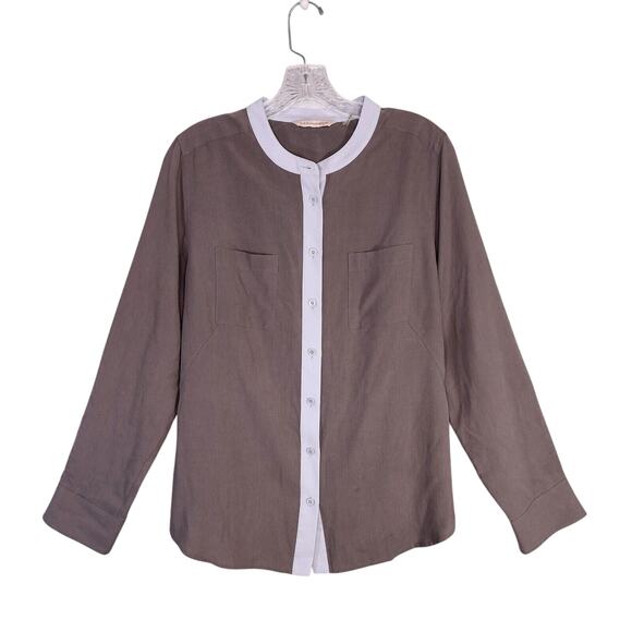 Soft Surroundings Tops - Soft Surroundings Top Womens Medium Silk Gray with Blue Trim Blouse Pockets